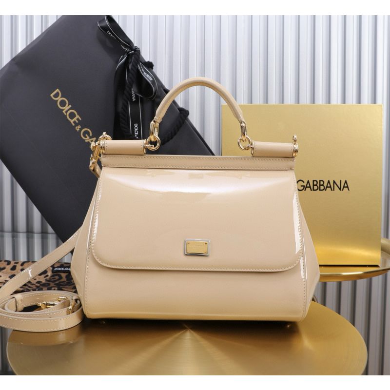 Dolce Gabbana Large Sicily Handbag in Polished Calfskin-Beige